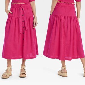 Small - Womens Tie Waist Button-Front Midi Skirt - Universal Thread - Pink
